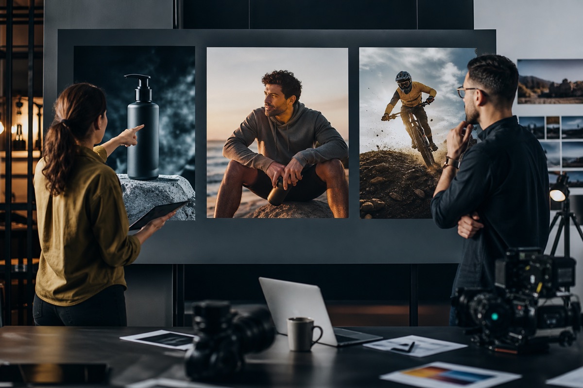 Performance marketing team comparing three video ad concepts in a creative studio