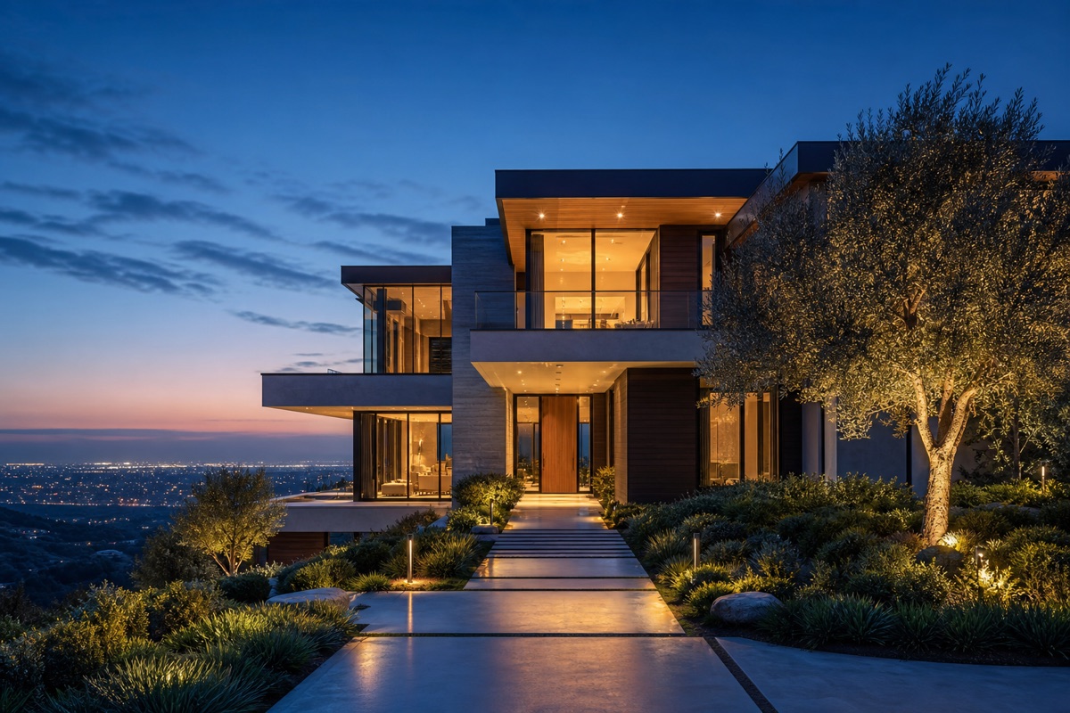 Modern luxury villa filmed at blue hour for a real estate presentation