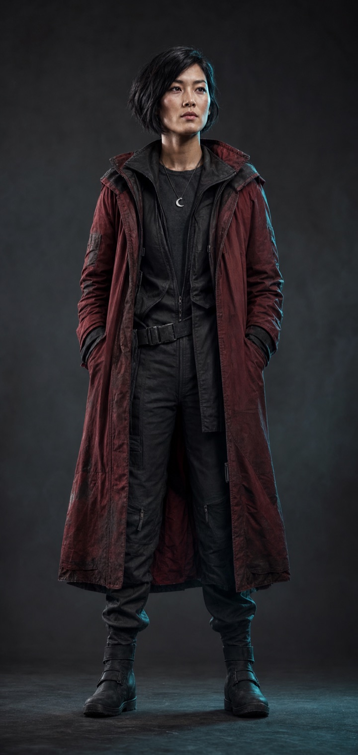 Full-body reference of an expedition pilot in a weathered crimson coat