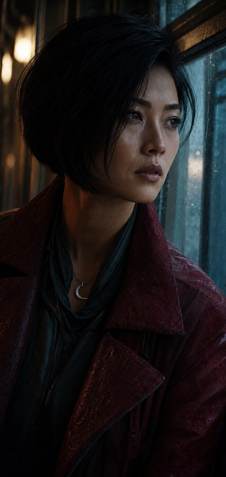 Cinematic shot reference 3 of the same expedition pilot at a coastal railway terminal