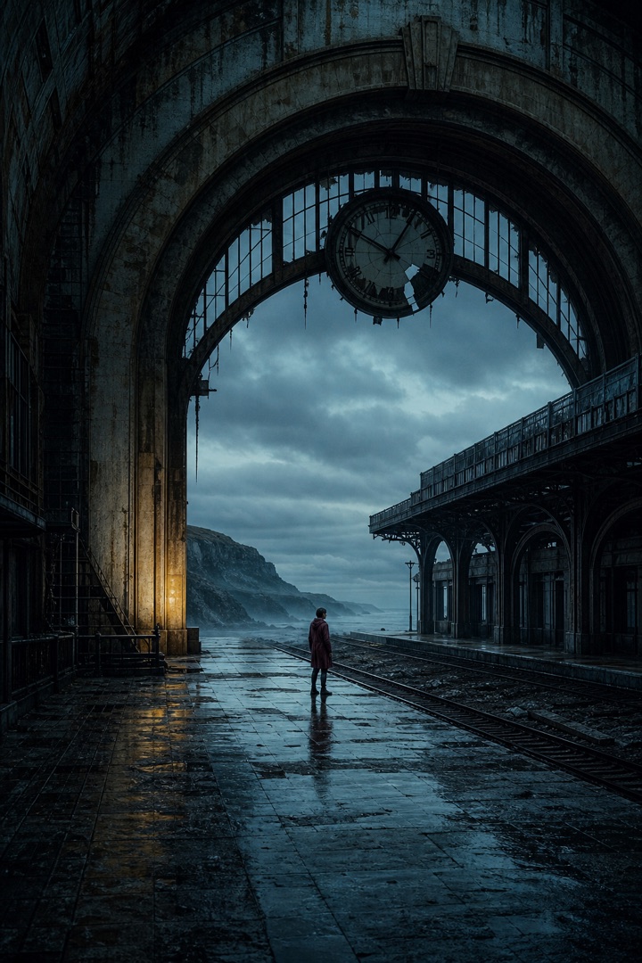 Cinematic shot reference 1 of the same expedition pilot at a coastal railway terminal
