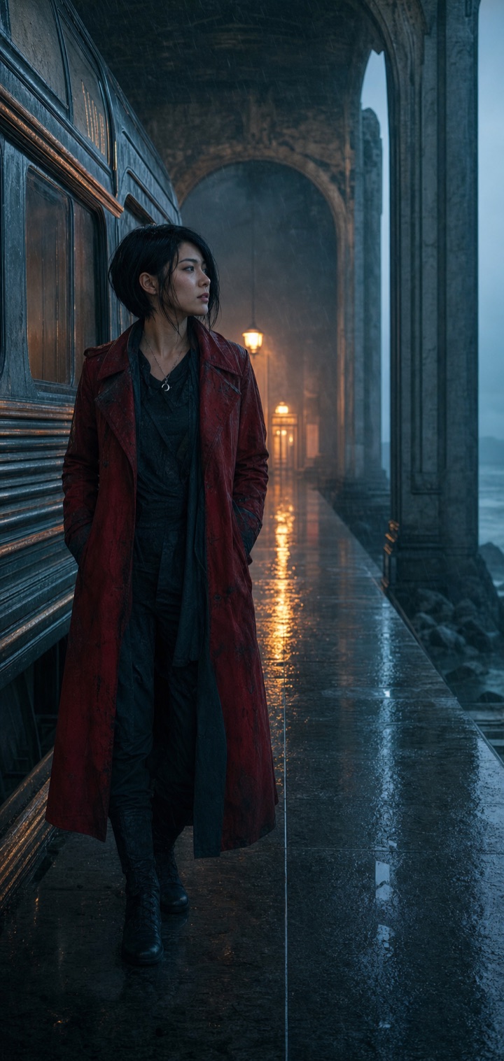 Expedition pilot standing beside a train at a rain-soaked coastal terminal